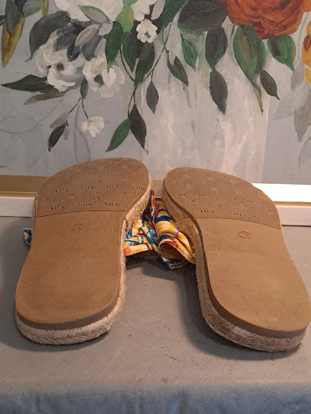 MIA Yellow Floral Bow Slide Espradille Sandals Blue Pink Tropical Jute Sole